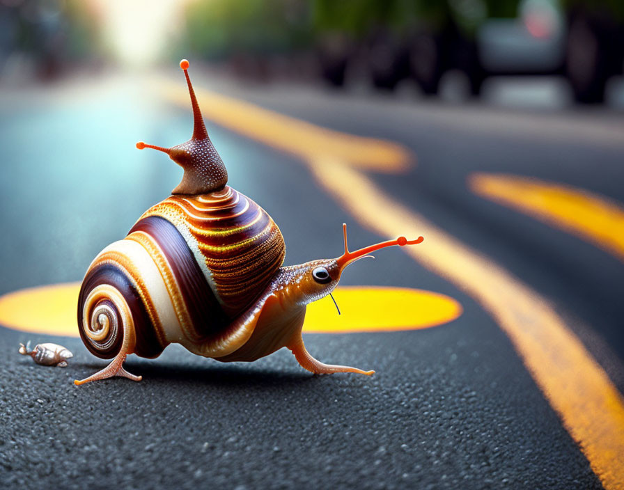 Colorful Spiraled Shell Snail Crossing Road with Yellow Lines