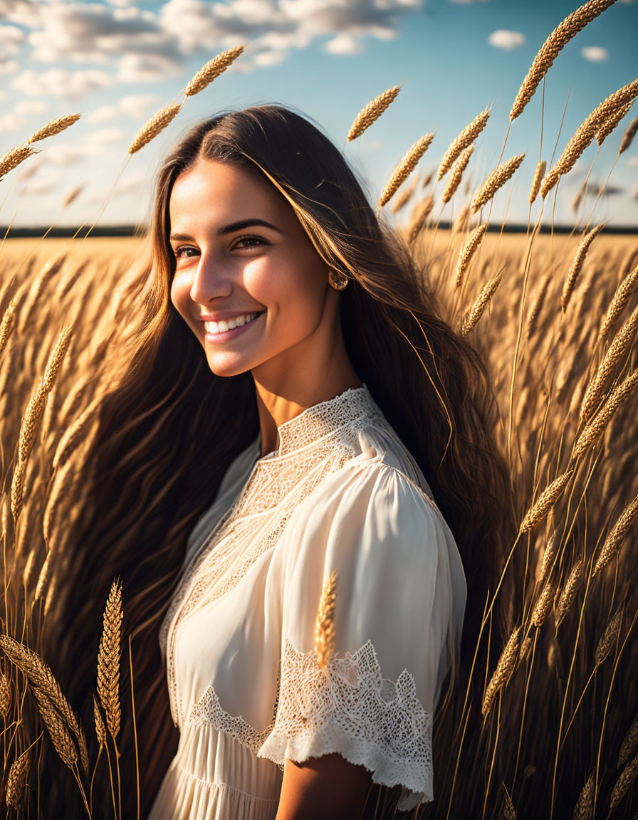 Smiling woman in white blouse in golden wheat field with sunlight
