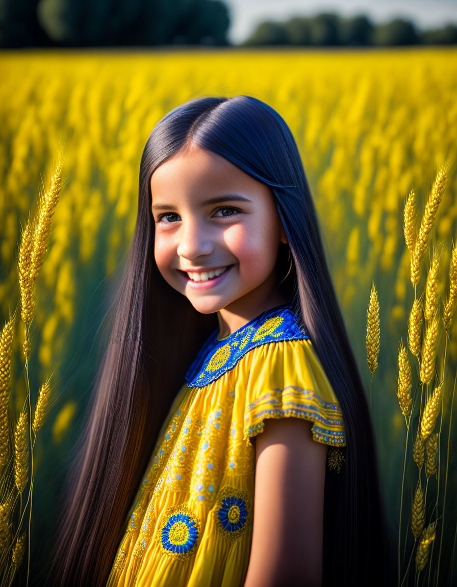 Young girl in yellow dress standing in wheat field with blue patterns.