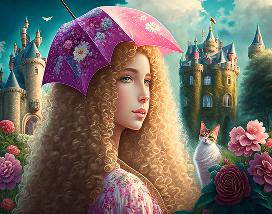 Digital artwork of woman with curly hair, pink umbrella, cat, fairytale castle, lush flora