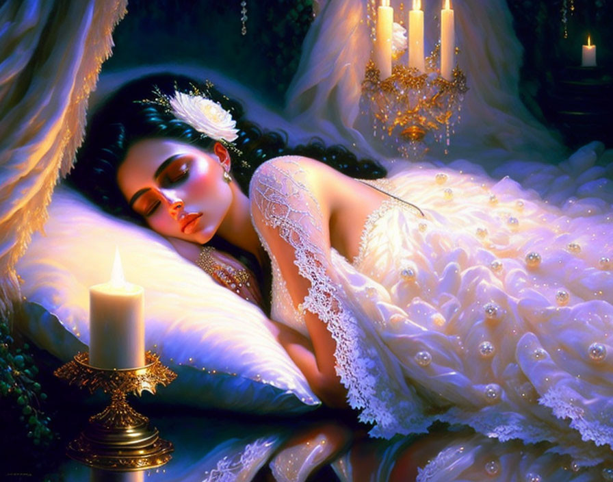 Woman in White Gown Sleeping Beside Lit Candles