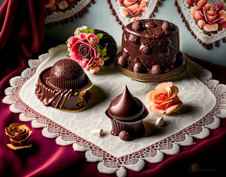 Chocolate-themed dessert arrangement with cake, cupcakes, and chocolates, adorned with edible flowers on lace-trim