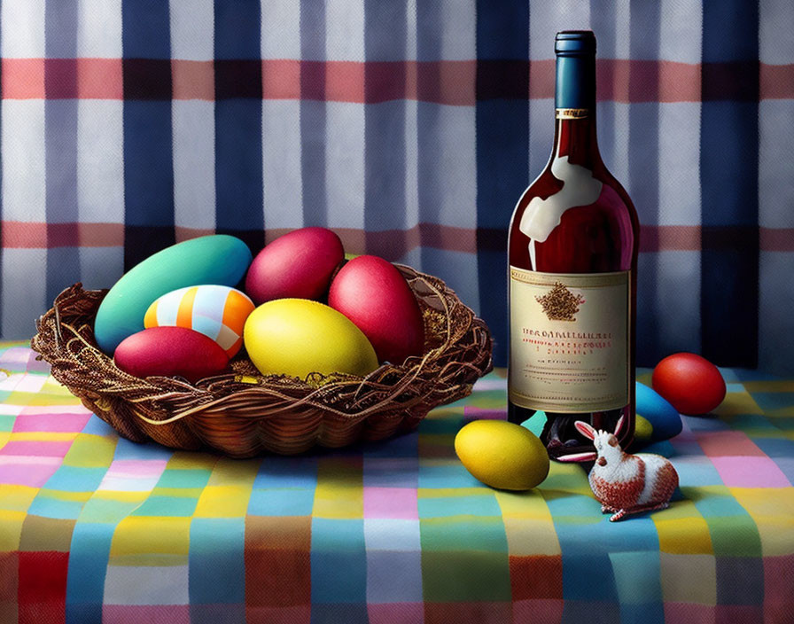 Colorful Easter Eggs, Wine Bottle, Bunny Figurine on Plaid Tablecloth