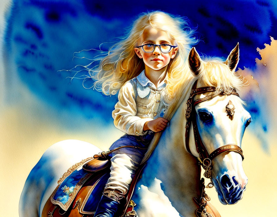 Blonde girl in denim jacket on white horse against blue background