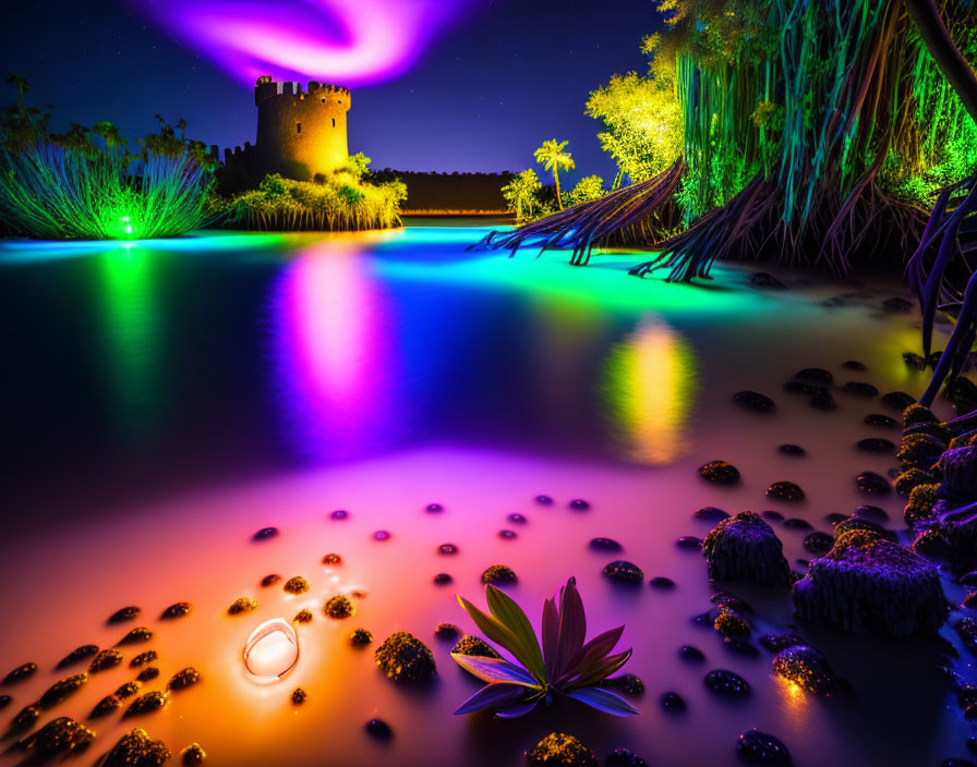 Colorful Night Scene: Glowing River, Stone Tower, Starry Sky
