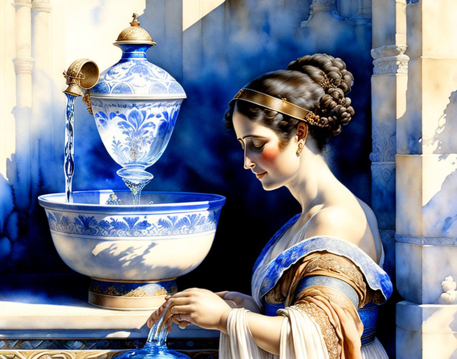 Historical woman filling glass from ornate fountain in marble setting