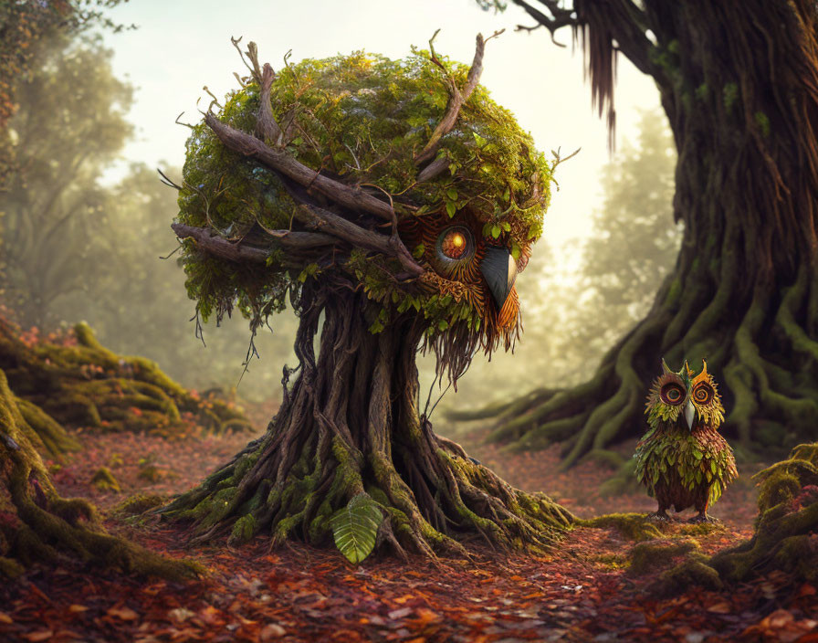 Enchanted forest scene with owl-like creature and tree in misty setting