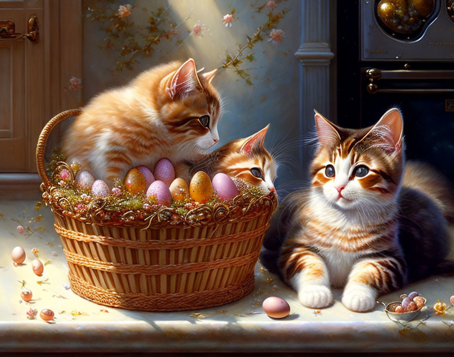 Three kittens with Easter eggs and blooms in soft-lit indoor setting