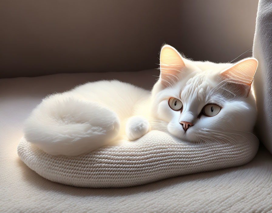 Fluffy White Cat with Amber Eyes on Woven Cushion