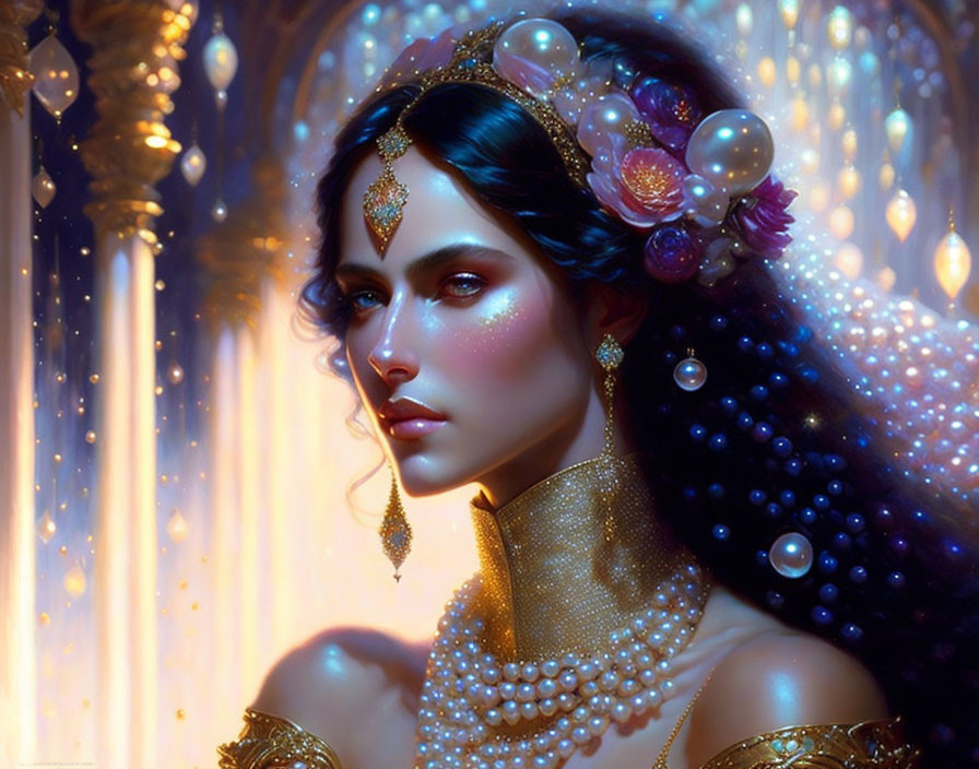 Regal woman with pearls and golden jewelry in mystical setting