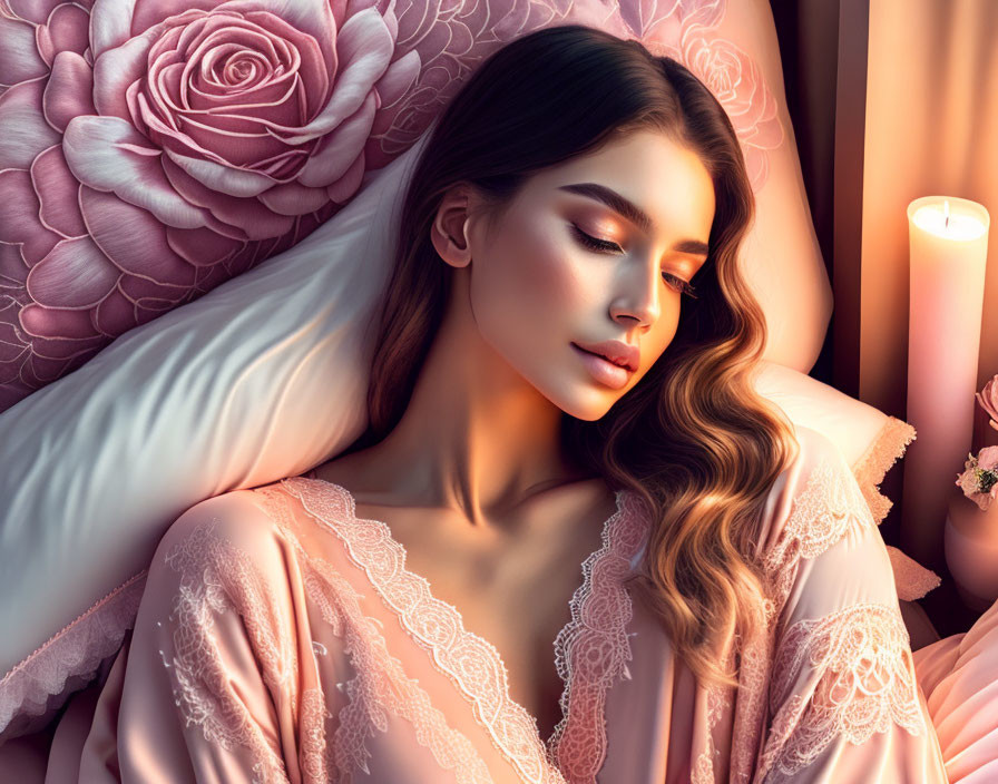Illustration: Woman in peaceful slumber with long hair, pink tones, rose, and glowing candle