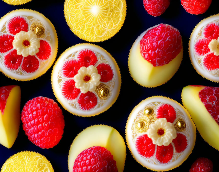 White Chocolate Assortment with Raspberries and Intricate Designs on Dark Background