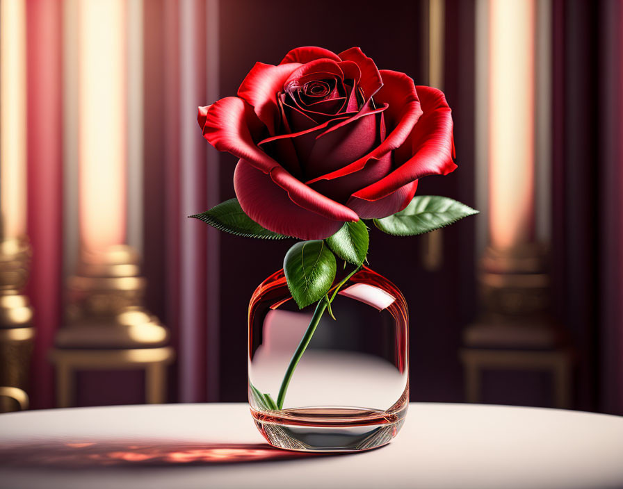 Red Rose in Clear Vase on White Surface with Dark Red Curtains