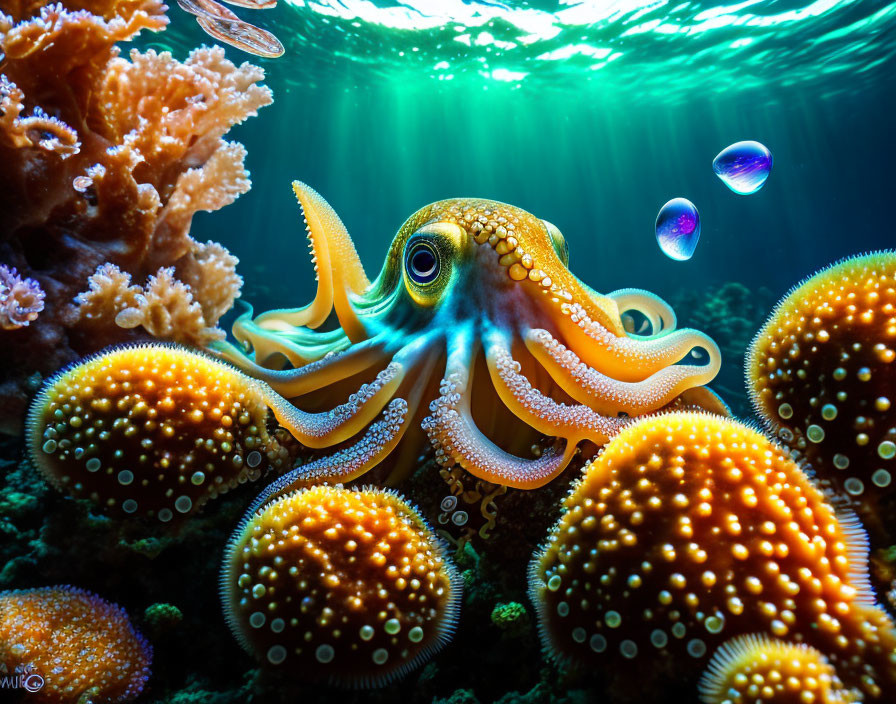 Colorful Coral and Octopus in Clear Blue Water