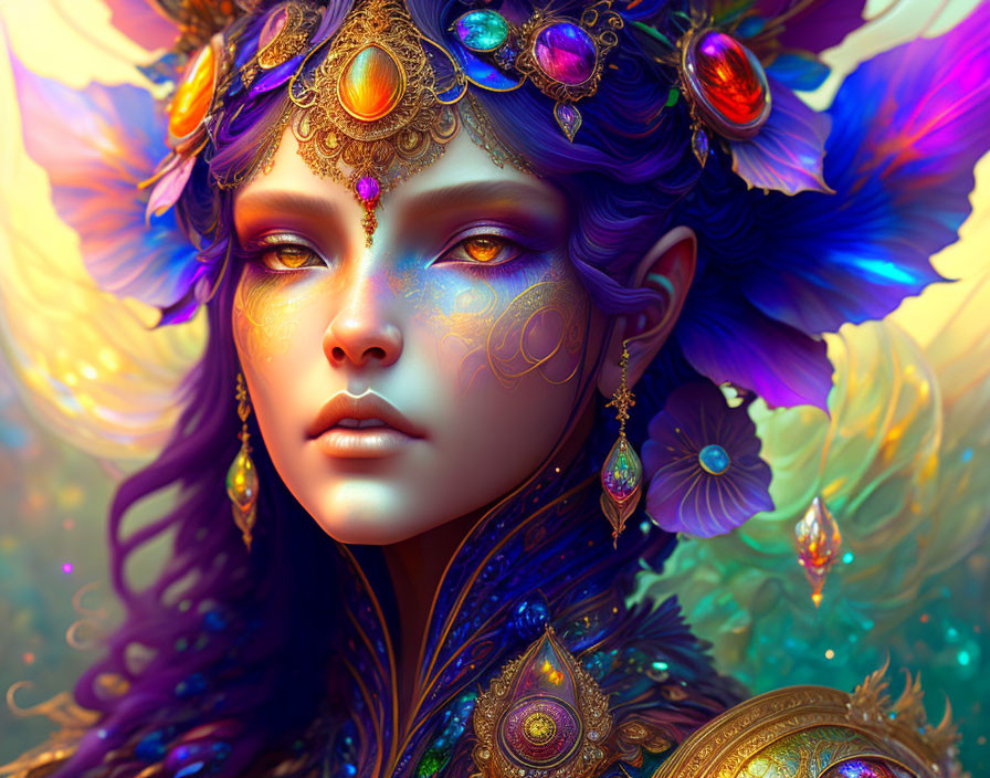 Fantasy image: Female character with blue skin and ornate golden jewelry