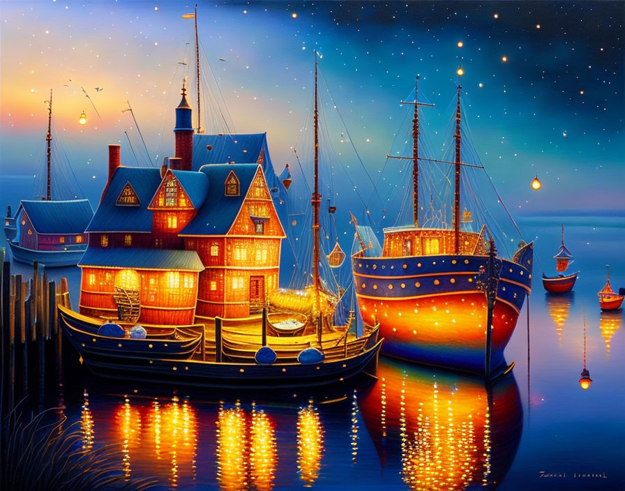 Vibrant seaside village painting: illuminated houses, docks, boats, calm water, starry sky