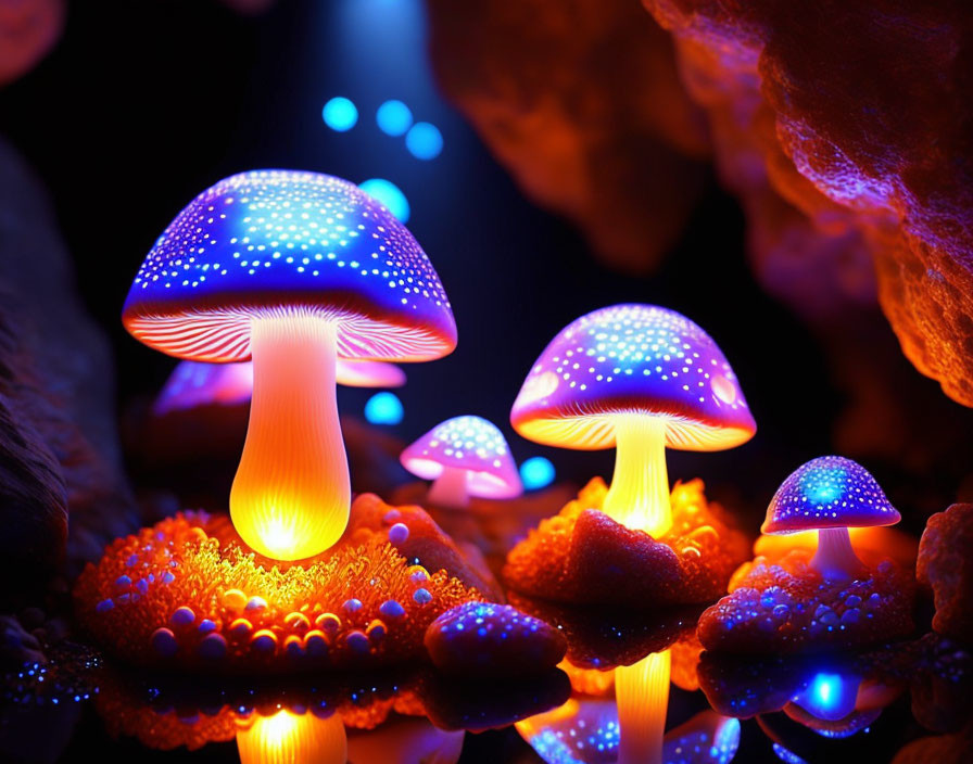 Colorful glowing mushrooms in blue and orange hues in a mystical scene