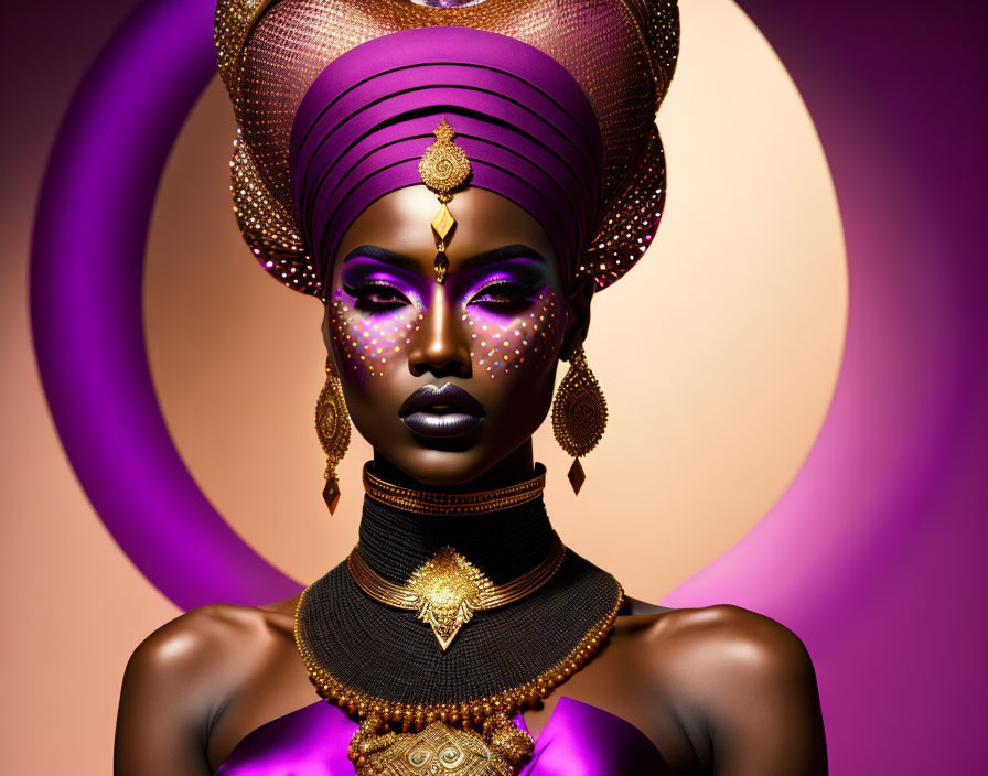 Woman adorned with golden jewelry and purple head wrap on warm backdrop
