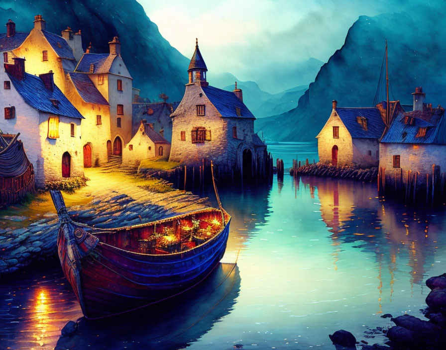 Tranquil village scene at dusk with lake, traditional houses, and wooden boat