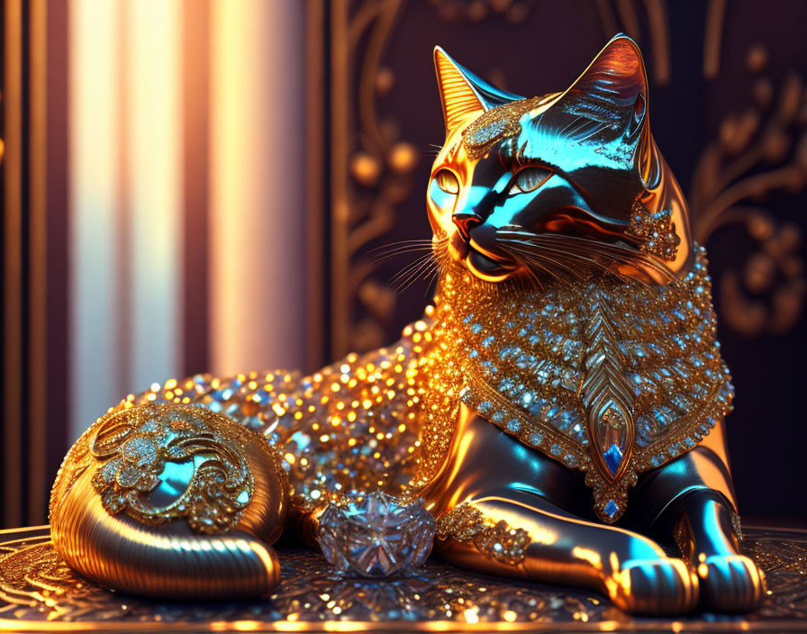Golden cat statue with jewels next to luxurious necklace on elegant backdrop