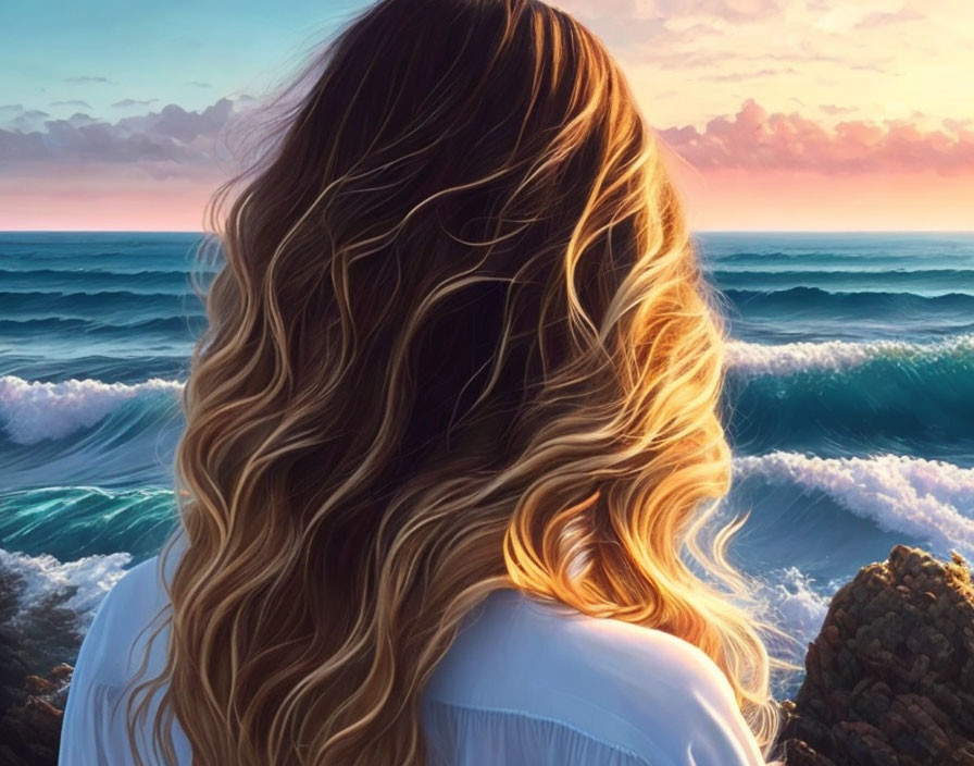 Woman with Wavy Hair Gazing at Sunset Seascape
