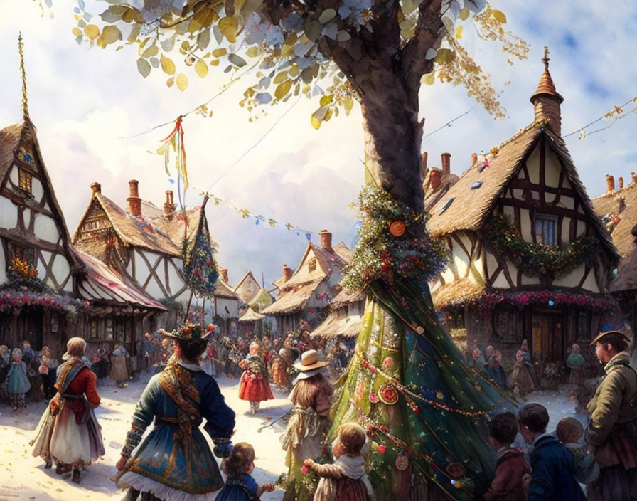 Historical village square with Christmas tree & period costumes