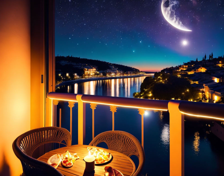 Night-time riverside cityscape balcony view with table for two under starry sky