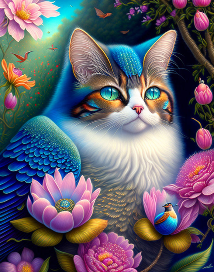 Colorful illustration: whimsical winged cat with flowers and bird