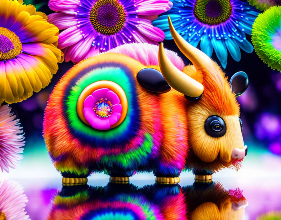Colorful whimsical animal with rainbow pattern in front of vibrant flowers