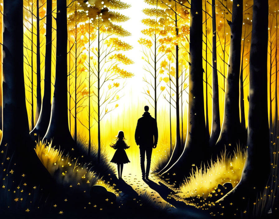 Silhouetted adult and child walking in glowing forest scene