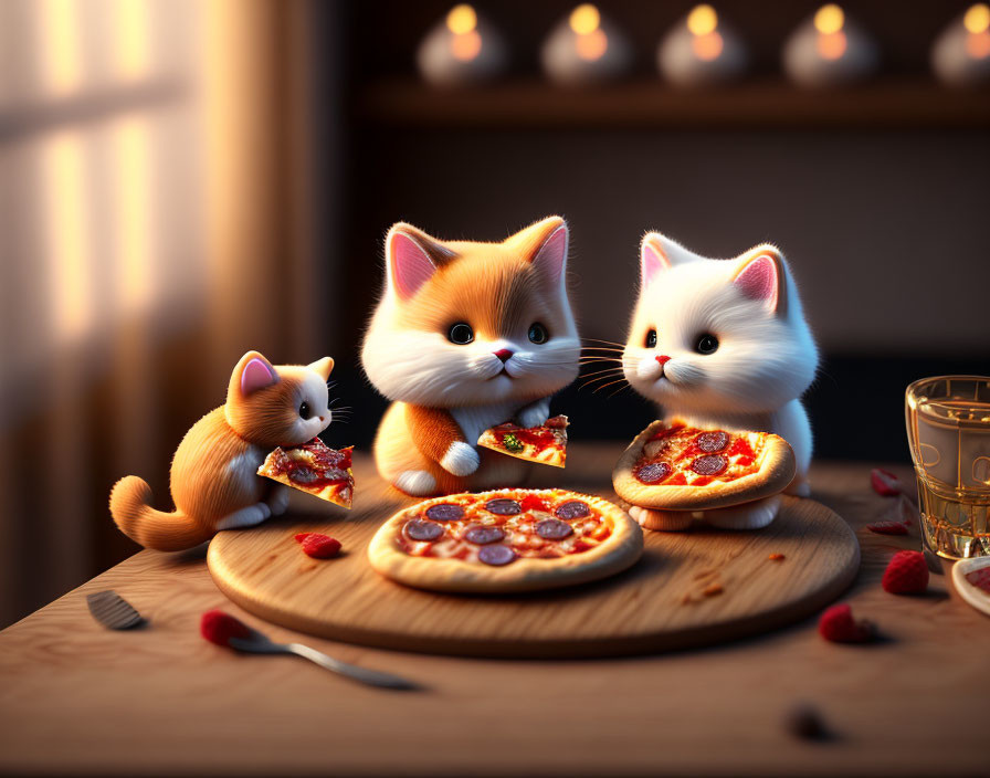Three cartoon kittens enjoying pizza slices on a cozy wooden board with candlelight.