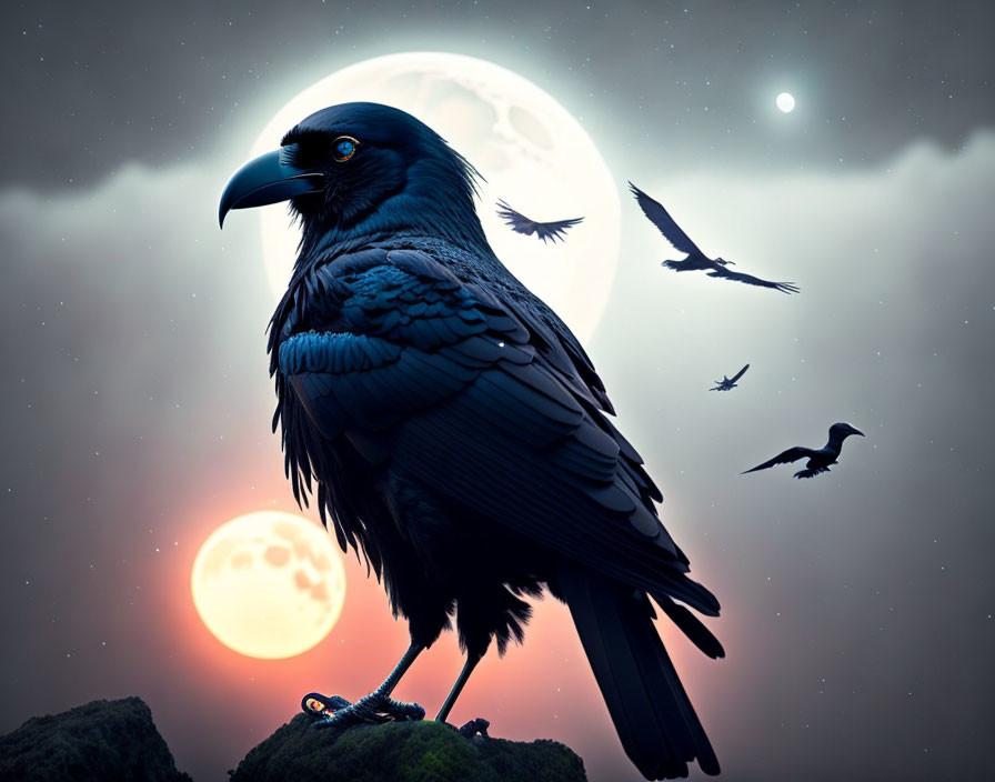 Raven perched on rock under night sky with two moons and flying bird silhouettes