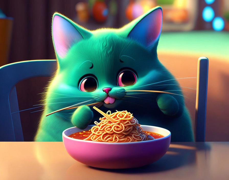 Blue cartoon cat eating noodles at pink table