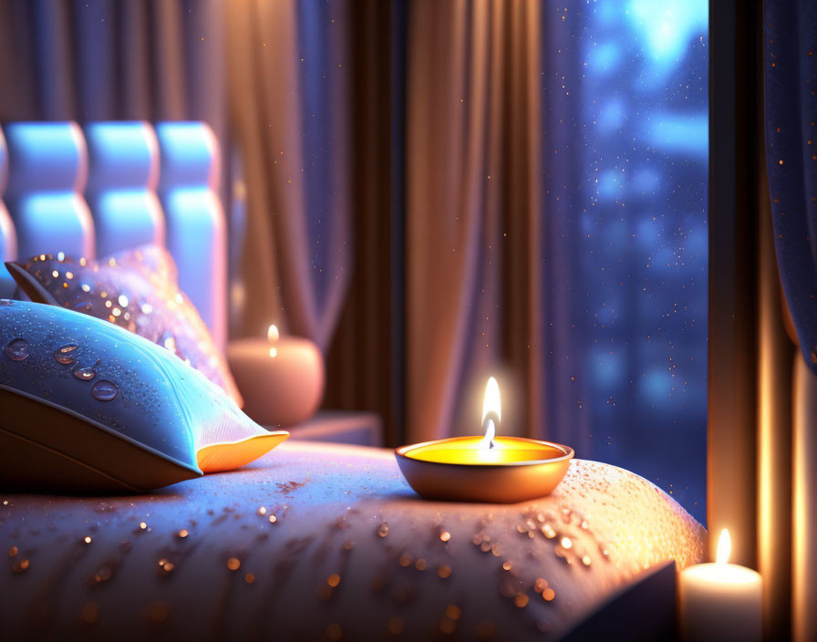 Cozy candlelit scene with plush cushions and starry night view