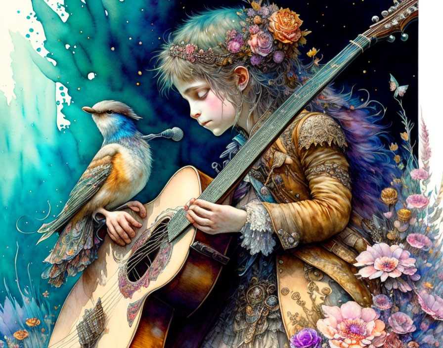 Fantastical illustration of young musician with ornate guitar and colorful bird