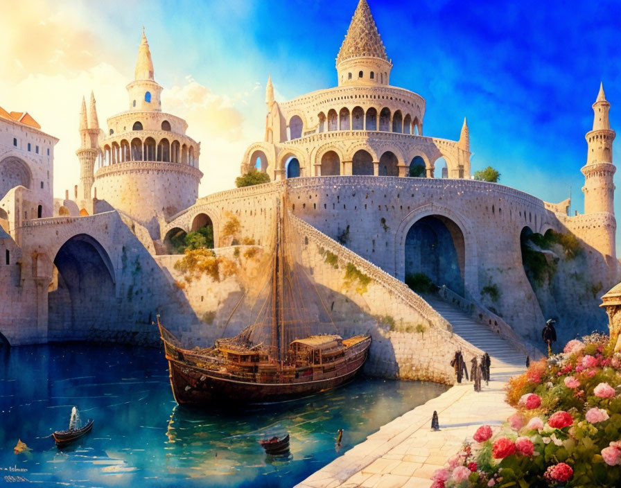 Fantasy castle illustration with harbor, sailboat, and people by flowers