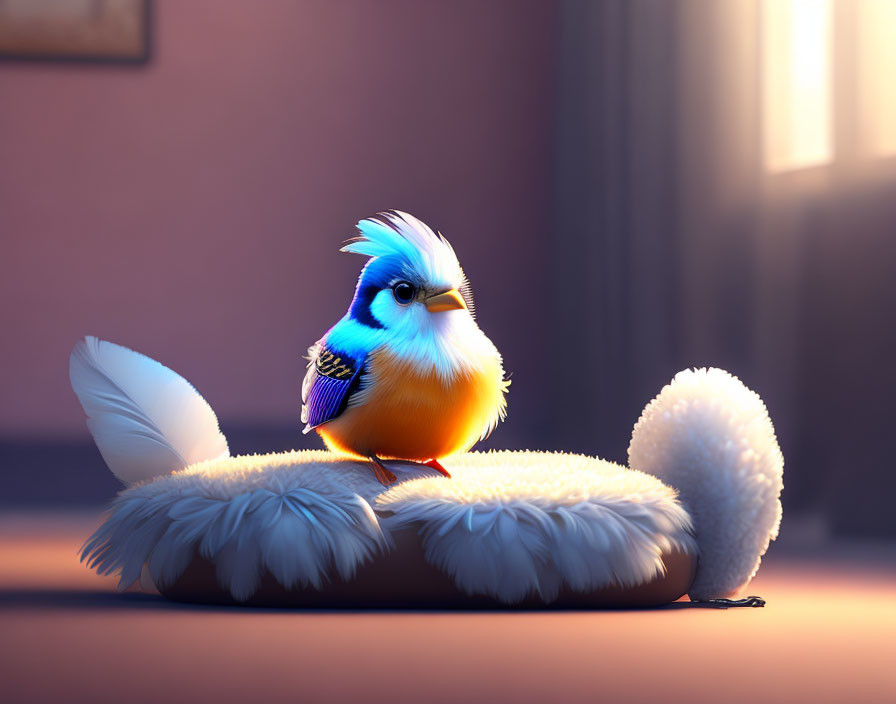 Colorful animated bird perched on fluffy white slipper in sunlight