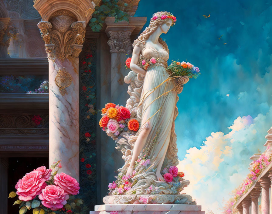 Ethereal statue of woman with flowers by ornate column under dreamy sky
