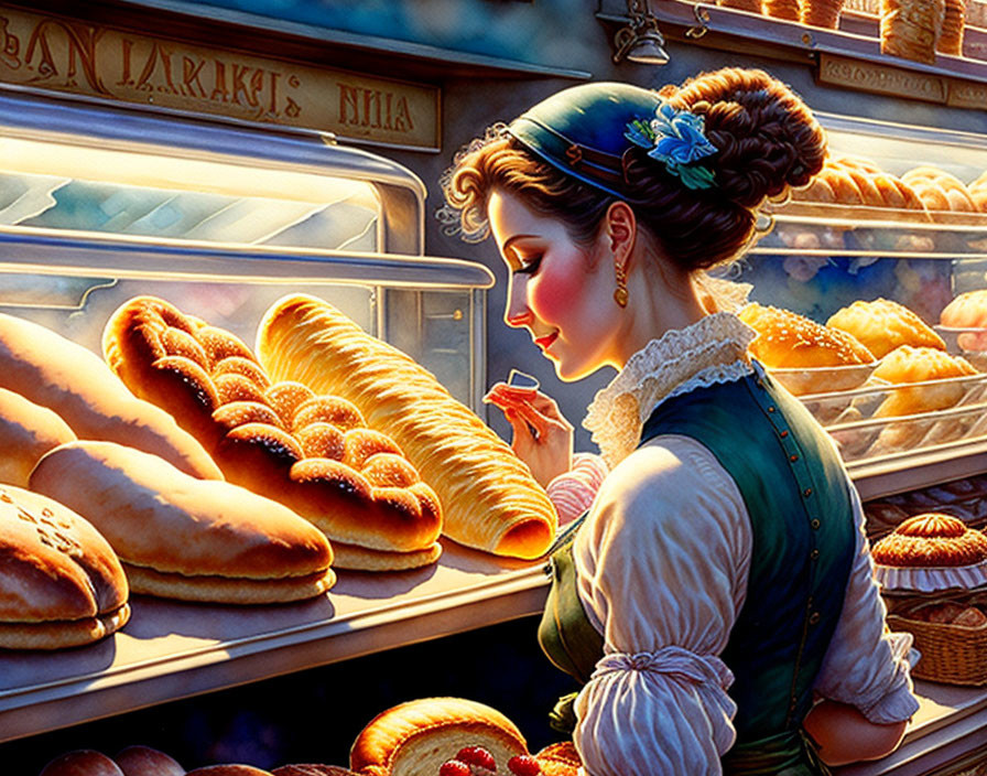 Vintage-dressed woman admires freshly baked bread in warm-toned bakery scene