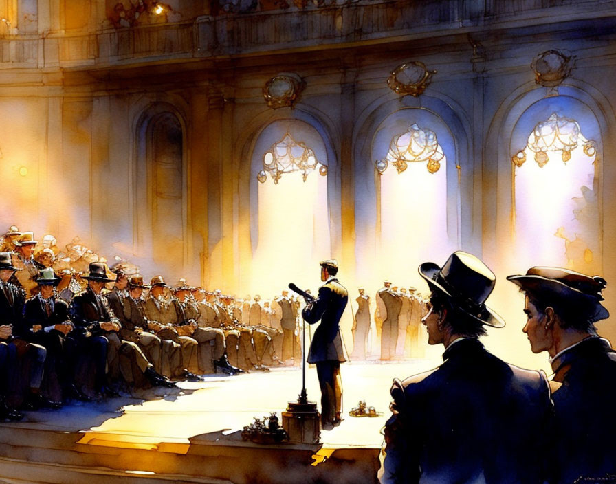 Illustrated historical event with orator addressing formally dressed audience in grand hall