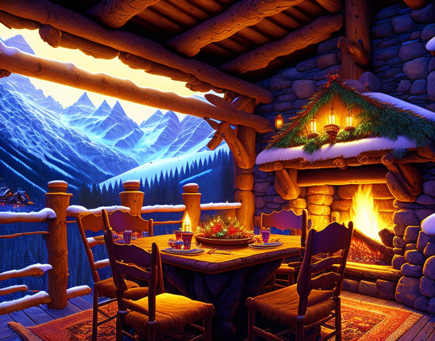 Warm Fireplace and Holiday Decor in Snowy Cabin