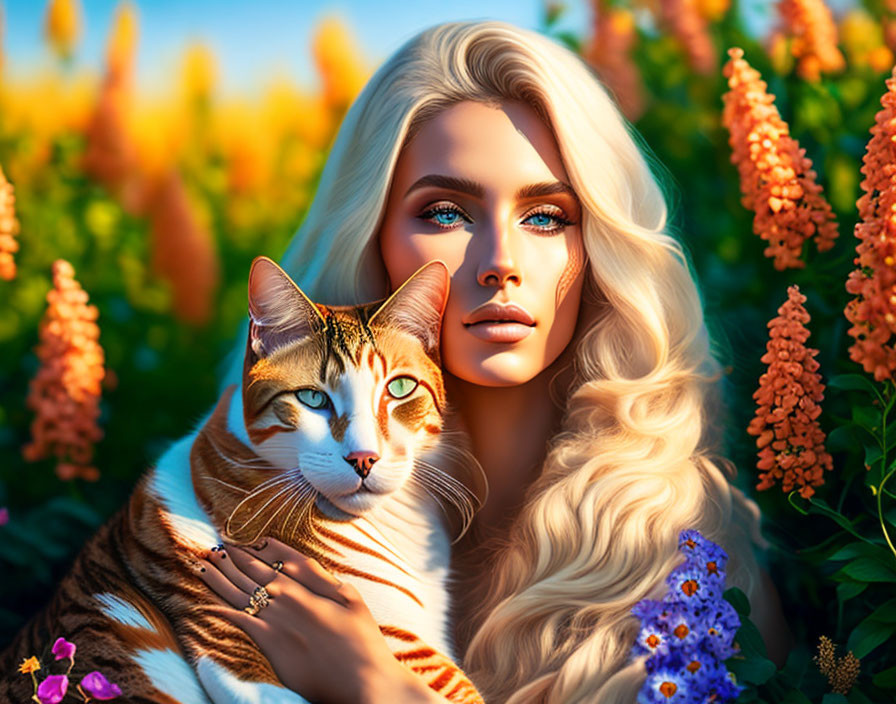 Blonde Woman with Blue Eyes Holding Cat in Vibrant Flower Field