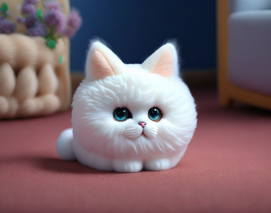 Fluffy white toy cat with blue eyes and pink nose on soft-focused surface