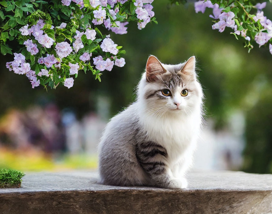 Fluffy White and Grey Cat Under Purple Flowers in Tranquil Outdoor Setting
