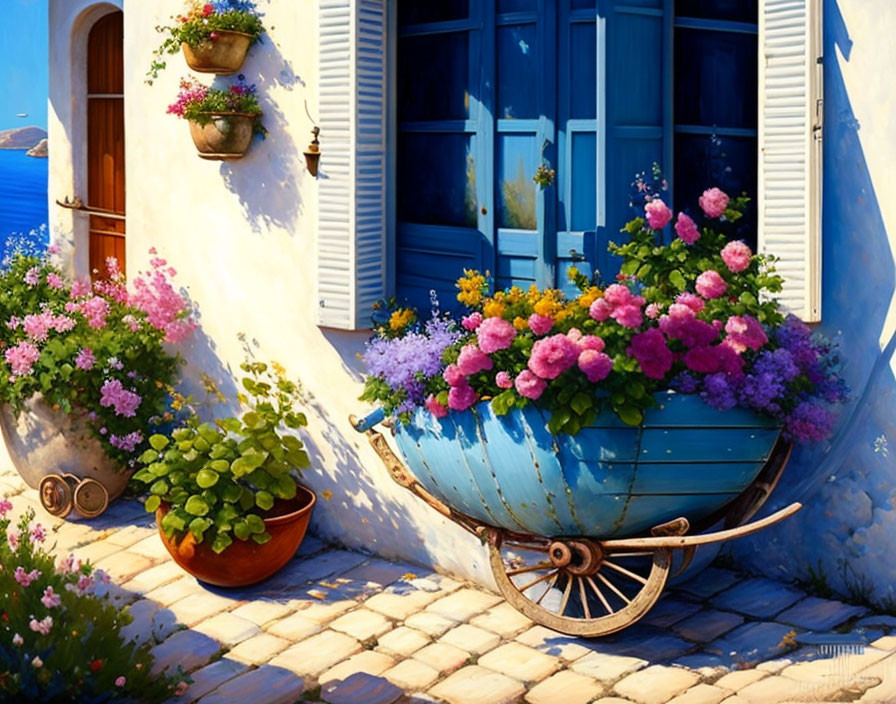 Colorful Mediterranean Scene with Blue Shuttered Window and Old Boat Garden Bed