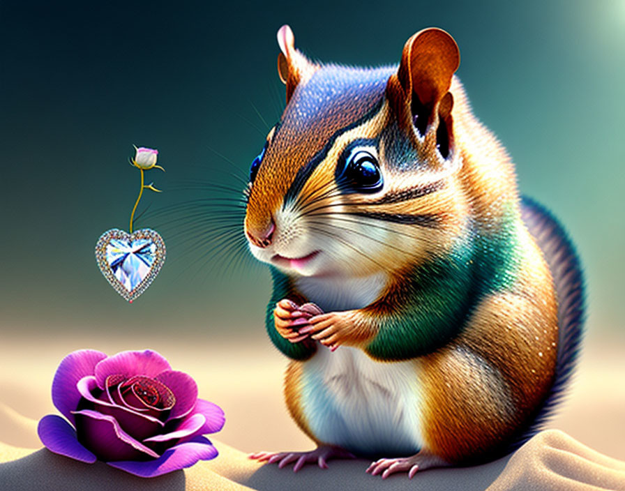 Colorful chipmunk illustration with scarf, rose petal, purple rose, and heart gemstone