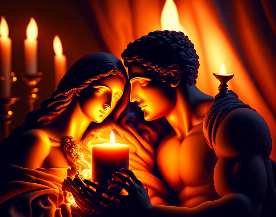 Romantic couple in warm candlelit setting holding candle