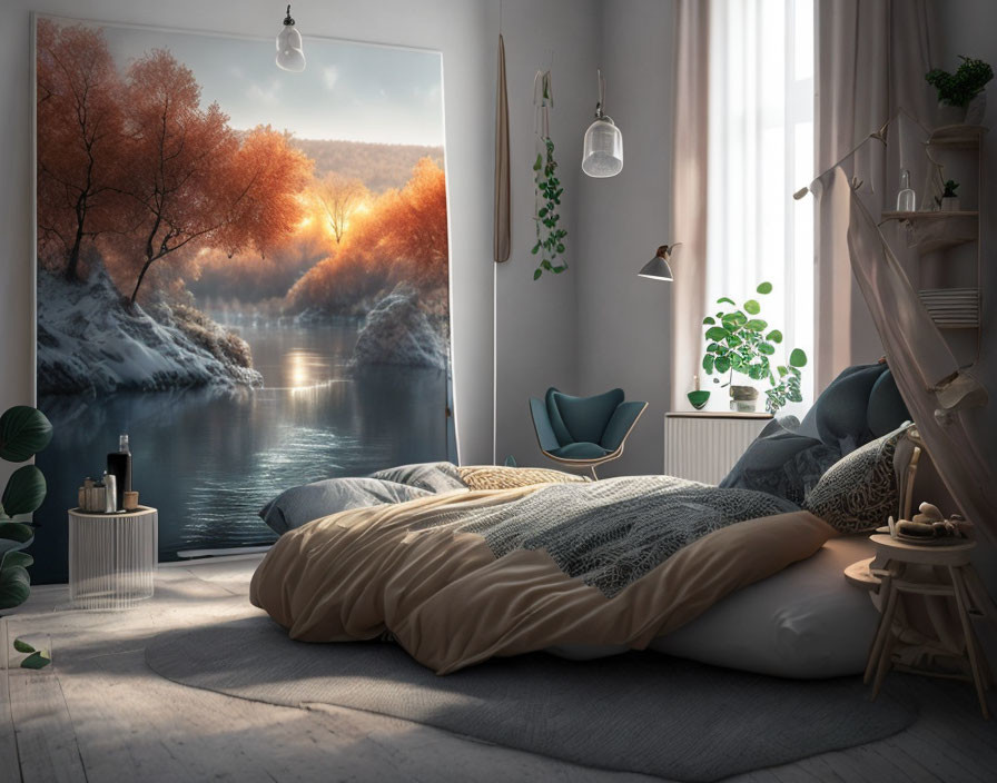 Modern Bedroom with Large Window and Autumn Landscape View