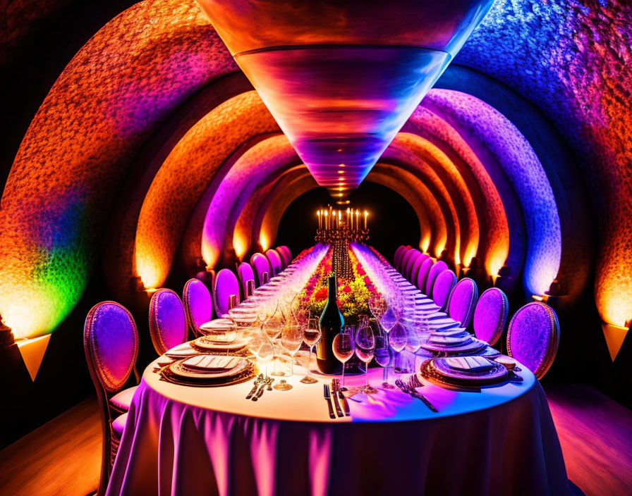 Colorful banquet hall with long dining table and arched ceilings