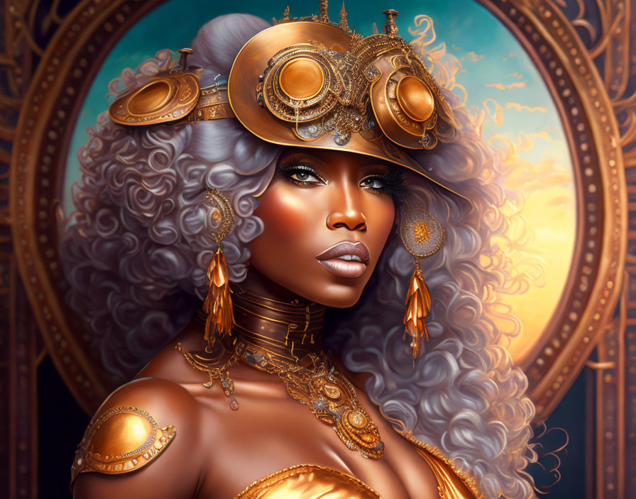 Intricate steampunk-inspired digital artwork of woman with gold jewelry